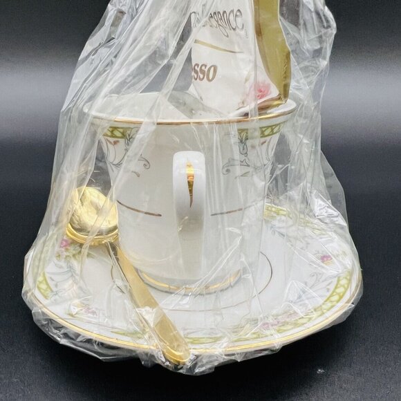 Floral Lattice Coffee Cup and Saucer Gold Trim Gift Set Spoon Espresso Wrapped - Picture 4 of 10